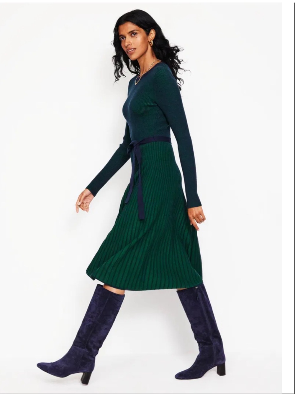 BODEN Lola Knitted Midi Dress Green Blue Pleated Tied Belt Detail Size 16-18‎